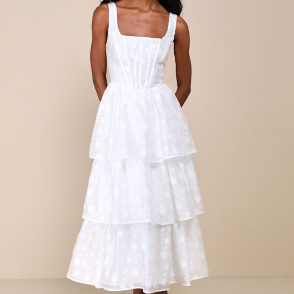 Lulus Sweet Potential White Floral Burnout Tiered Midi Dress - Size L